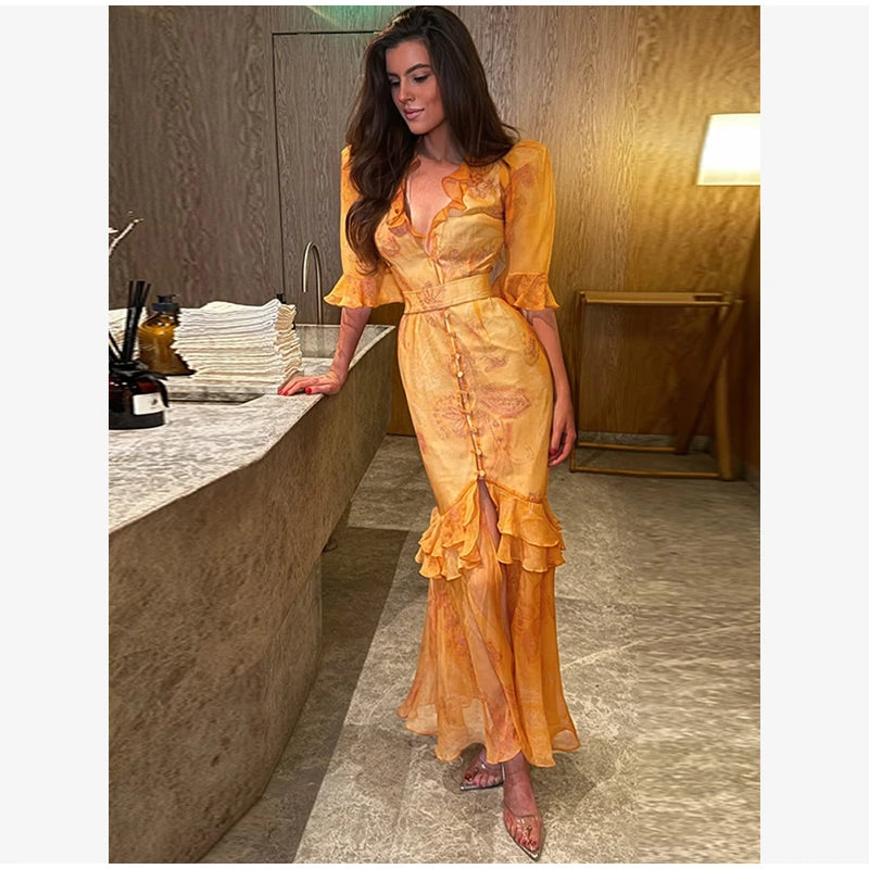 Women White Floral Print Maxi Dress V Neck Puff Sleeve Peplum Waist Fishtail Hem Chiffon Robe Elegant Party Wedding Guest Gown