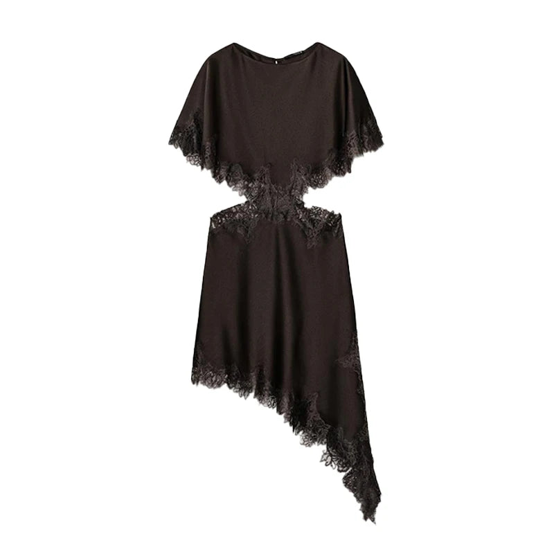 Elegante cetim emendado renda vestido longo feminino oco para fora o pescoço manga curta vestidos assimétricos 2026 primavera senhora chique festa robes - CRAVO ROSE