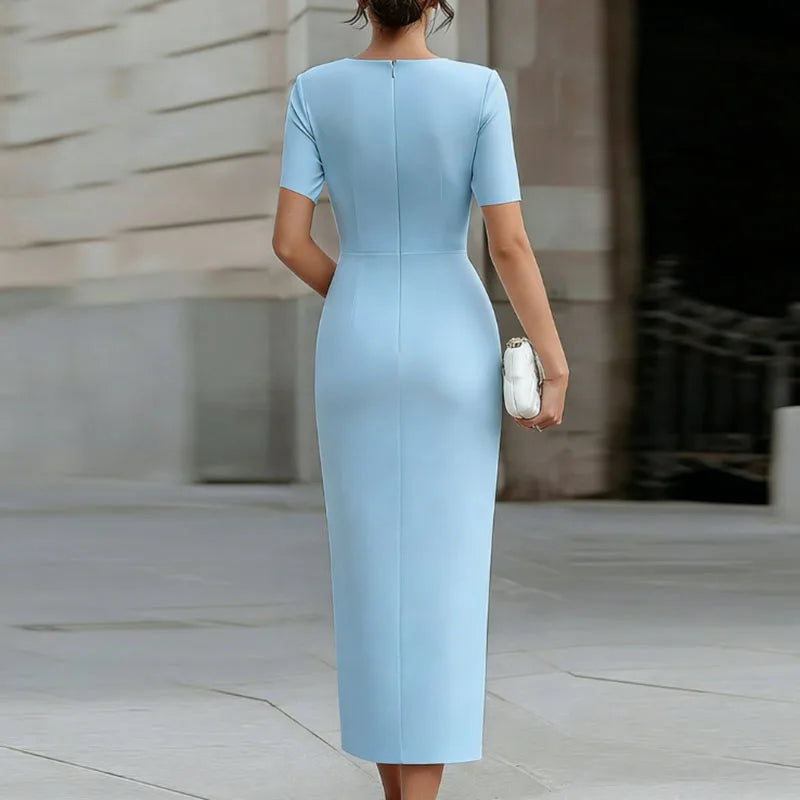 Classic Solid Pencil Hips Dress Women Summer Short Sleeve Pleated High Waist Office Dress Elegant Evening Guest  Bodycon Dresses