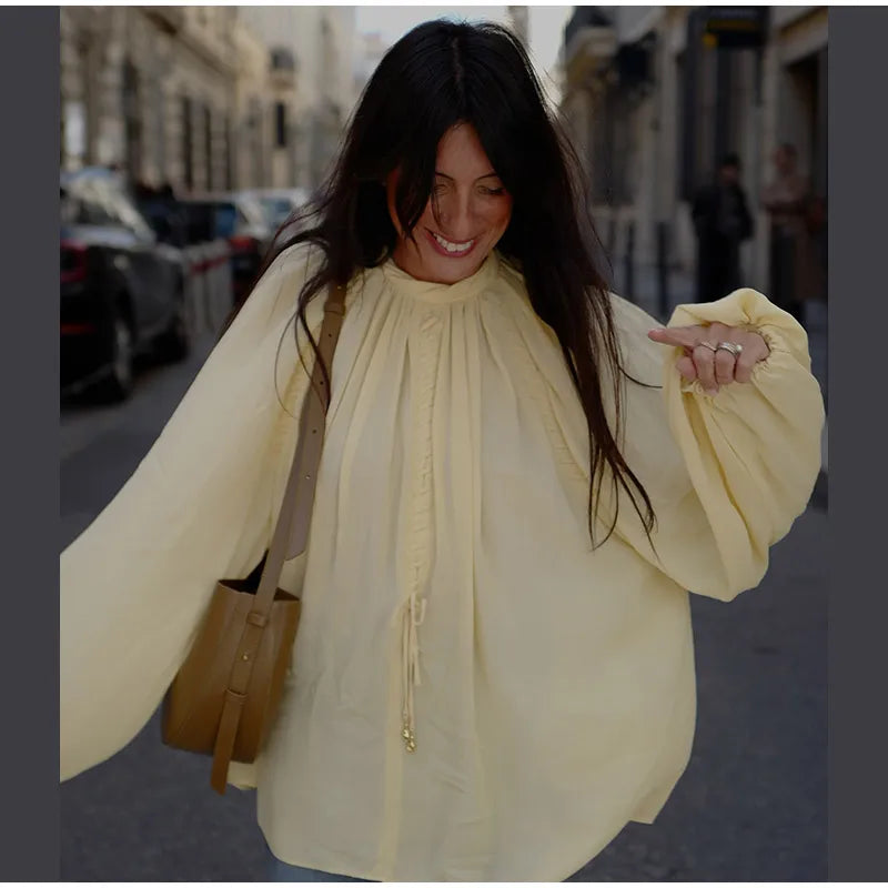 Blusa de chiffon com babados e manga comprida, blusa feminina casual solta, gola V, manga comprida, blusa de rua, primavera/verão 2025