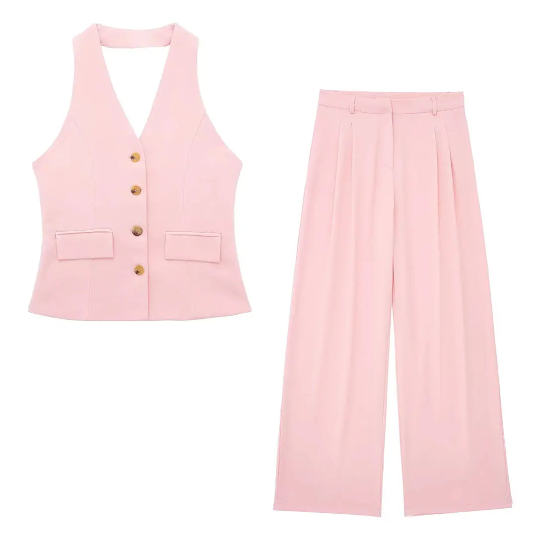 HH Pant Sets For Women Fashion Yellow Backless Button Halter Crop Vest Top Straight Trousers Elegant Office Lady Suit
