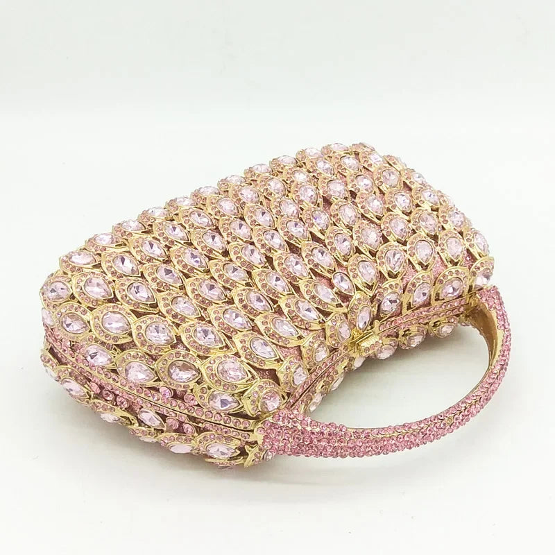 Boutique De FGG Pink Crystal Rhinestone Clutch Handbag Women Metal Minaudiere Top Handle Tote Purse Wedding Party Evening Bag