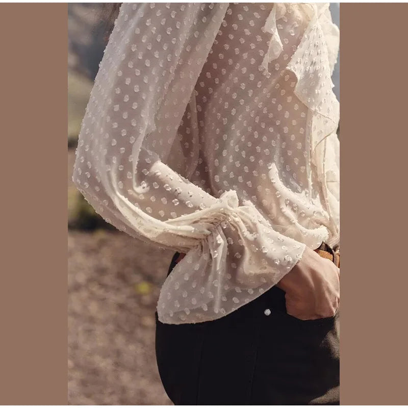 Blusa feminina elegante, azul, gola alta, babados, manga comprida, lisa, solta, chiffon, nova blusa feminina de verão 2025