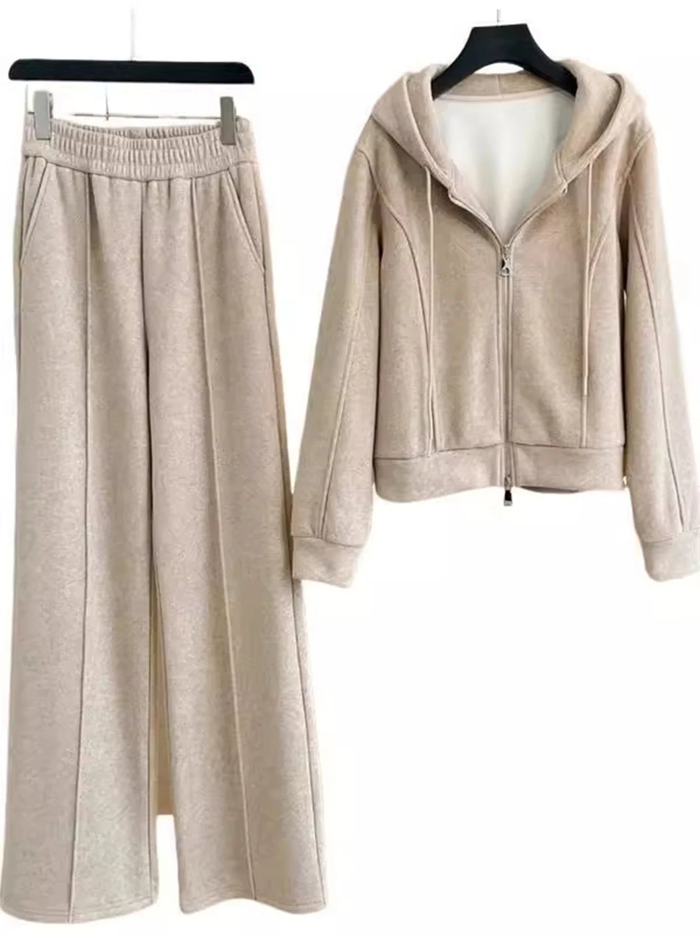 Women's Fleece Lined Thick Casual Sports Suit Set Hoodie Jacket Wide Leg Pants Two Piece Set Autumn Winter Fashion New Style