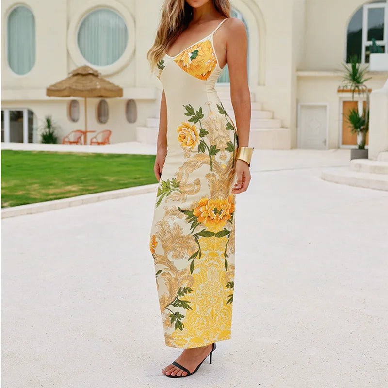 Sleeveless Floral Print Suspender Dress Women Fashion V-neck Slim Maxi Dresses 2023 Summer Chic Female Beach Party Club Robe - CRAVO ROSE