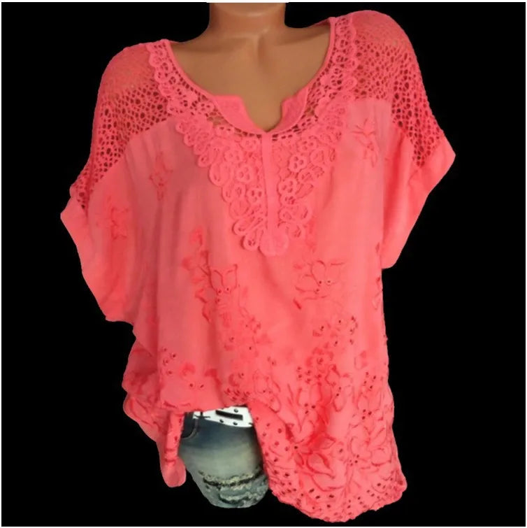 Blusas e tops femininos de manga curta da moda verão, camisa solta de renda branca patchwork 6xl, tops femininos, roupas casuais