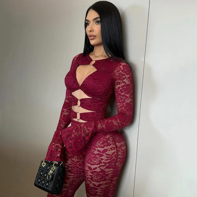 Sexy Hollow out Micro Flared Jumpsuit Long Pants  Lace Shirt Thickened Winter Collection for Elderly Women