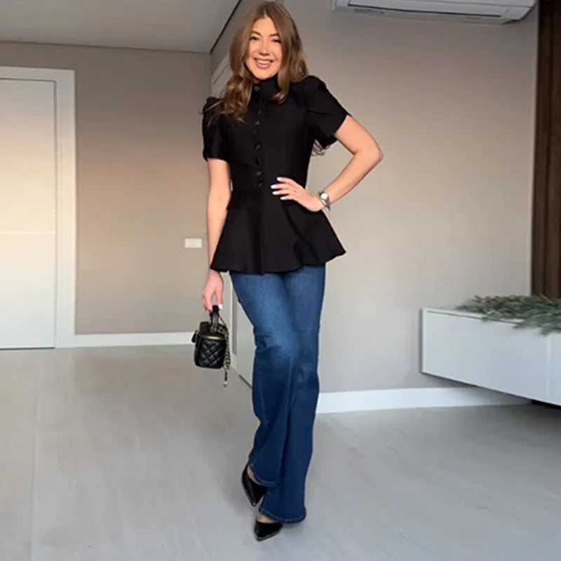 Elegant Short Sleeve Waist Single Breasted Top Pleated Midi Skirts Fashion A Line Skirt Set for Women 2026 Spring Female Outfits
