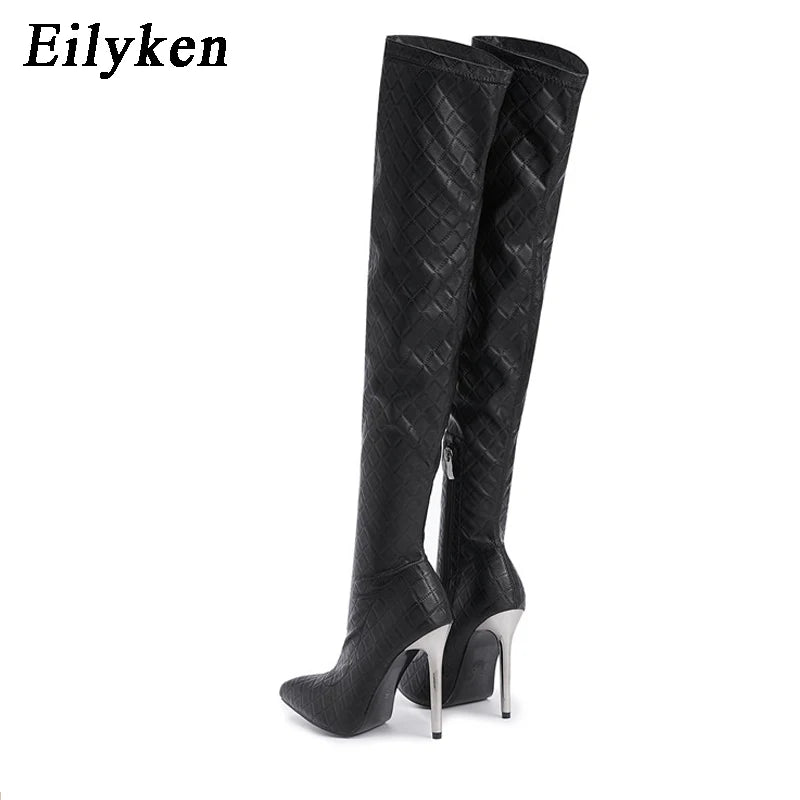 Botas femininas acima do joelho Eilyken Sexy Nightclub Party Stripper Salto agulha Fashion Bico fino Zíper Cano alto
