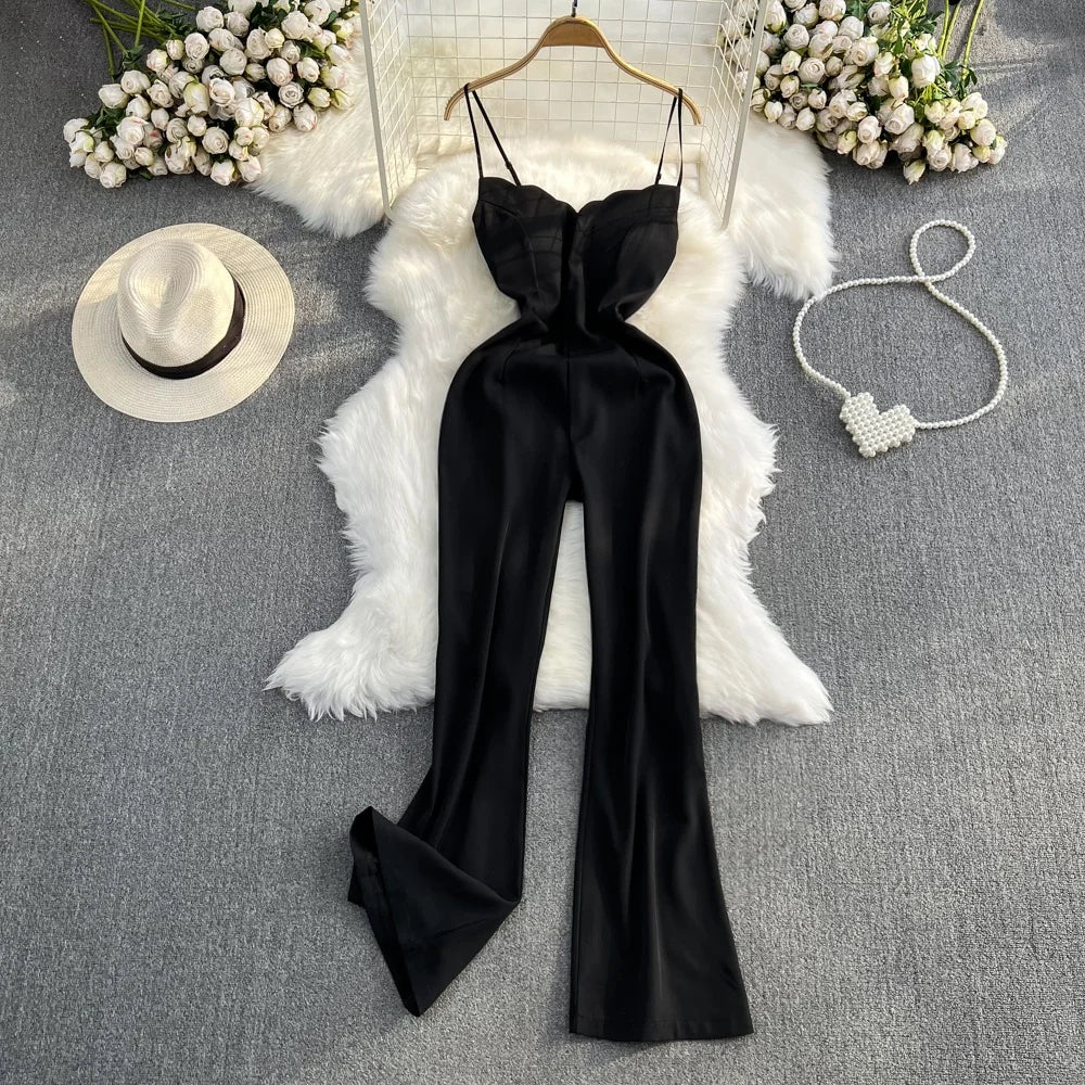 Elegant V-Neck Strap Dress Casual High Waist Slimming One-Piece Wide Leg Pants Long Loose Fitting Women's Online Exclusive