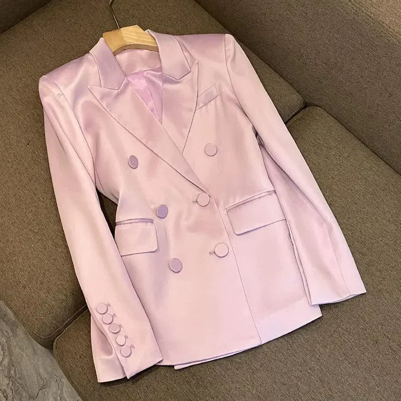 Women Fall Spring Double Breasted Faux Silk Suits Coat OL Satin Blazer Jacket Glossy Cardigan + A-Line Short Skirt Two Piece Set - CRAVO ROSE