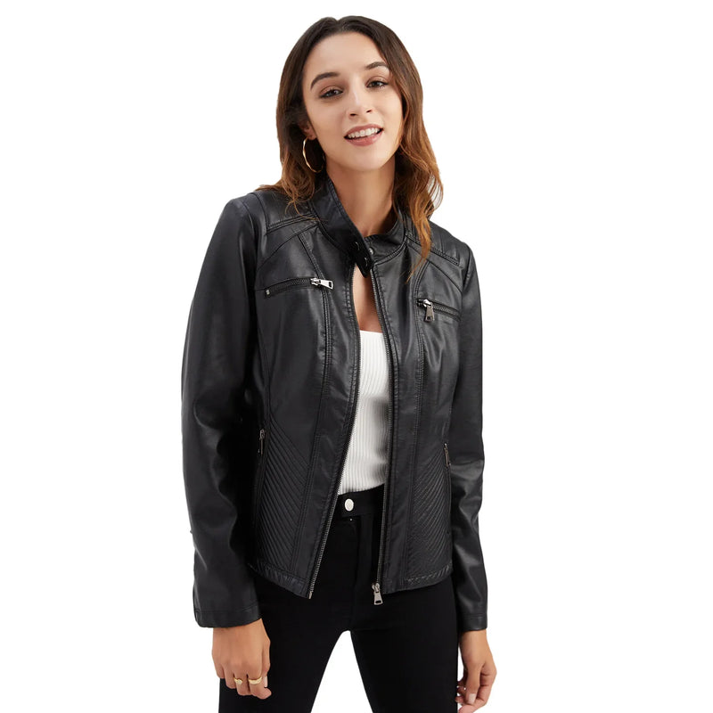 Casaco feminino moda tendência simples outono inverno gola analógica zíper jaqueta de couro do plutônio da motocicleta para mulher - CRAVO ROSE