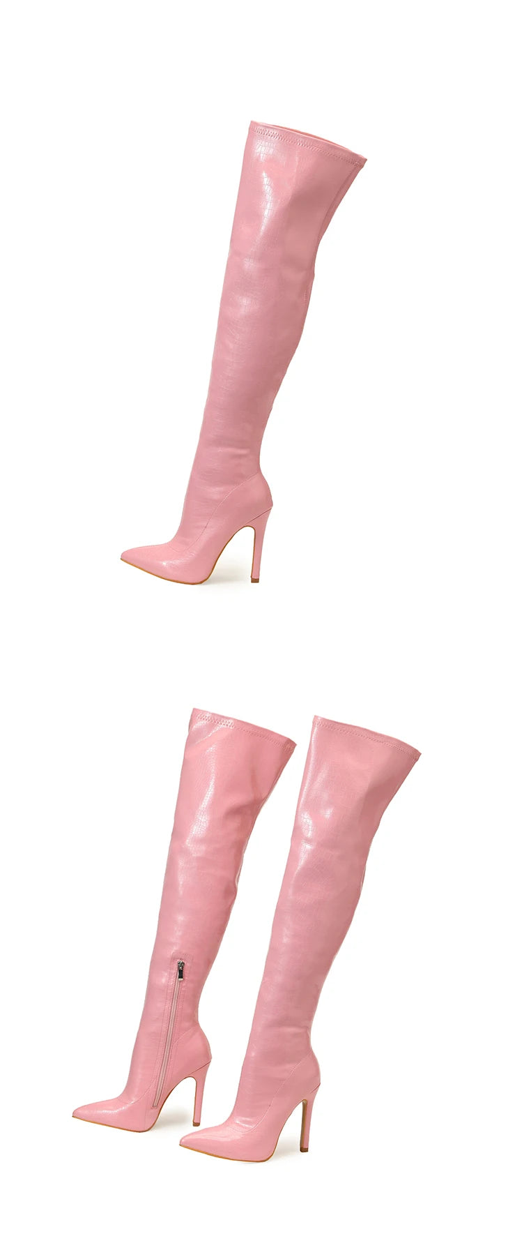Botas Femininas Listradas de Salto Fino de 11 CM  Sexy Acima do Joelho com Zíper Lateral e Bico Fino