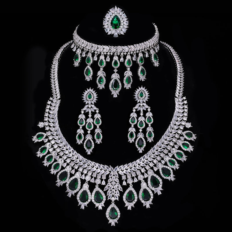 Conjunto de joias de casamento de luxo com 4 peças de zircônia 3A, conjunto de colar de cristal, conjunto de joias Dubai