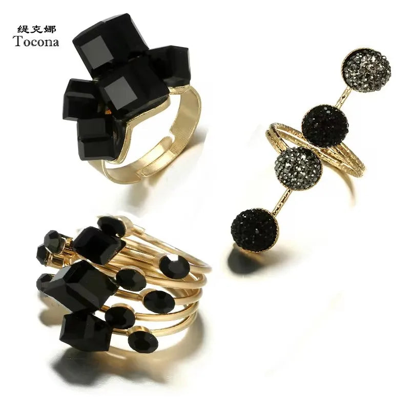 Tocona Punk Antique Black Crystal Stone Opening Joint Rings Set for Women Men Adjustable Gothic Statement Party Jewelry anillos