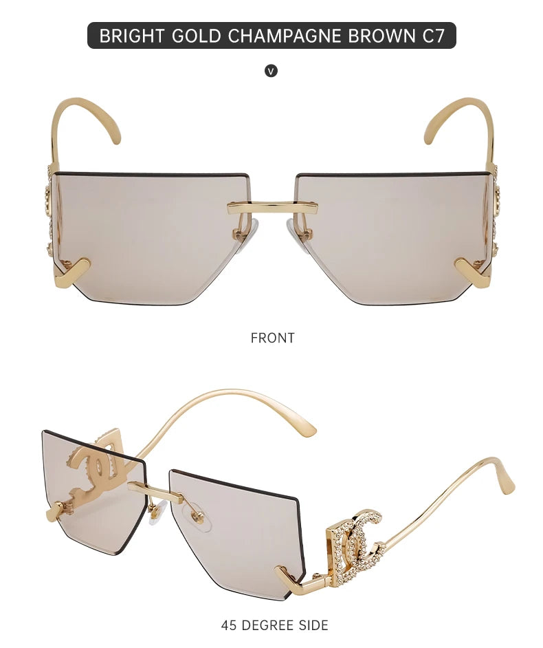 Óculos de sol quadrados sem aro punk femininos, armação de metal, design de marca de luxo, óculos retrô para mulheres, proteção UV400, 2025