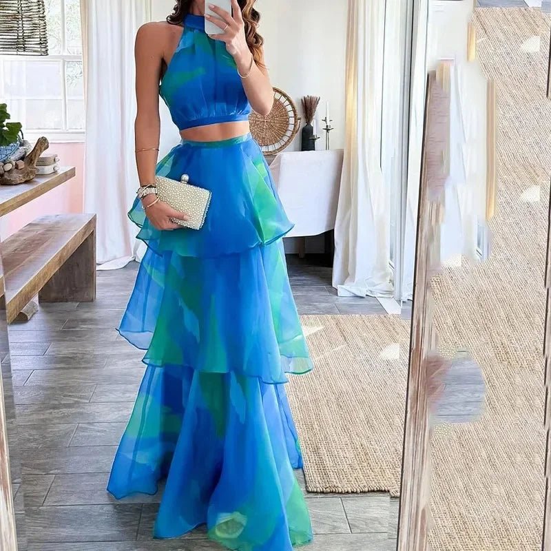 Cake Skirt Set Women Dress Sets Two Piece Sets Sexy Print Sleeveless Short Tops Elegant Splice High Waist A Line Long Skirts