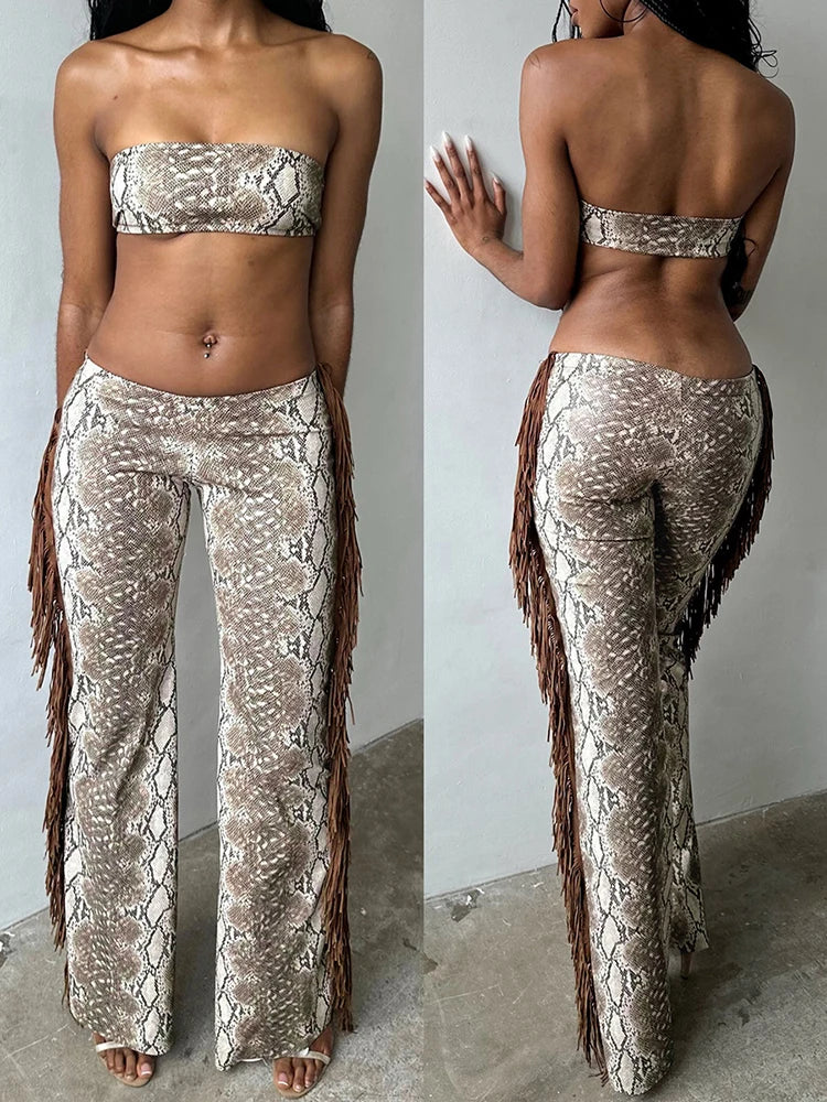 Weird Puss Side Tassel 2 Piece Set Women Tracksuit Mini Strapless+Straight Pants Matching Stretch Street Cool Hipster Outfits