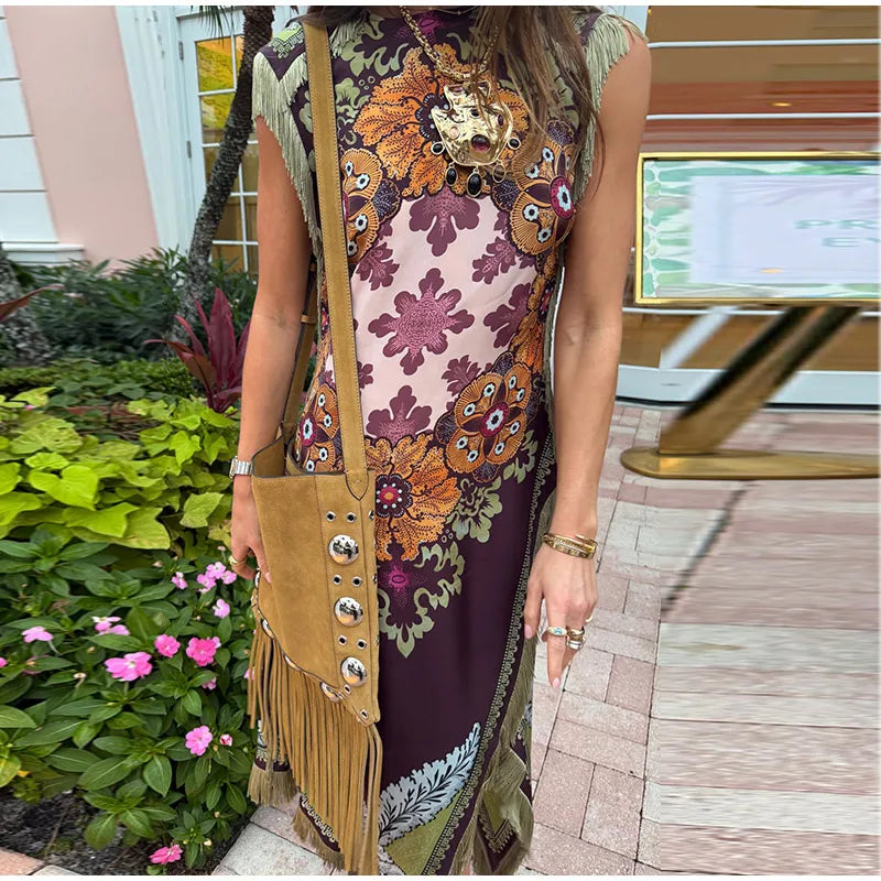 Elegant Printed Women's Tassel Dress Fringed Sleeveless Slim Irregular Party Evening Dresses 2026 Spring Summer Lady Vestidos