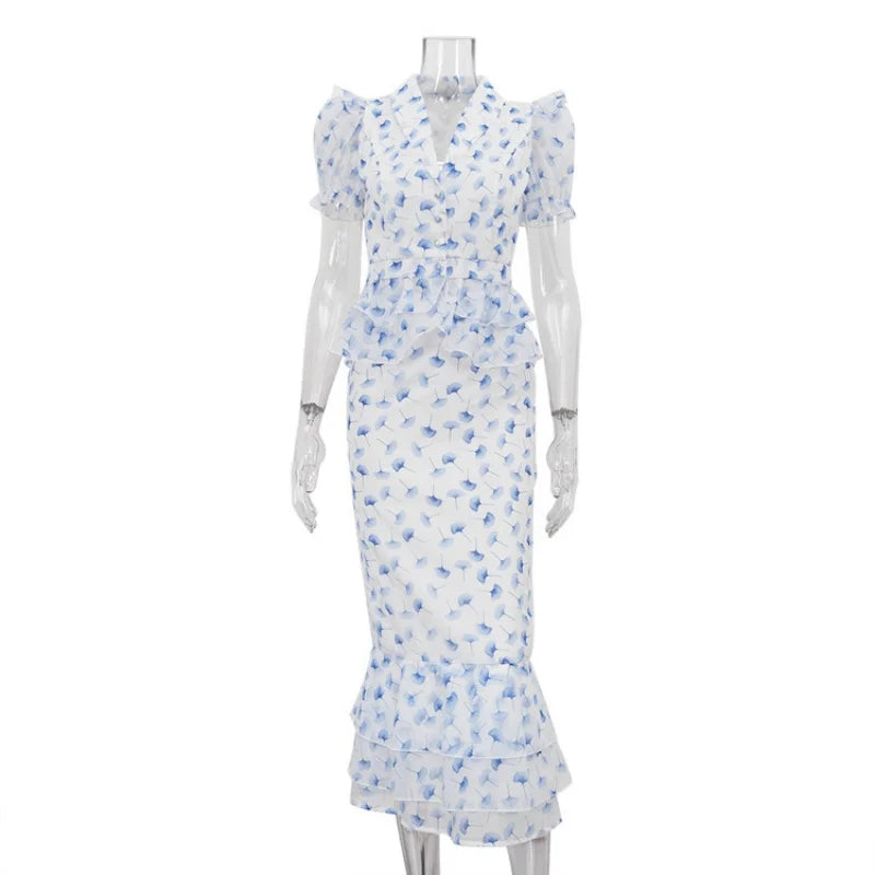 Floral Print 2 Piece Sets Women Outfit Summer Clothing Women Puff Sleeve V-Neck Blouse Top Mermaid Skirt Suit Fashion Dress Sets