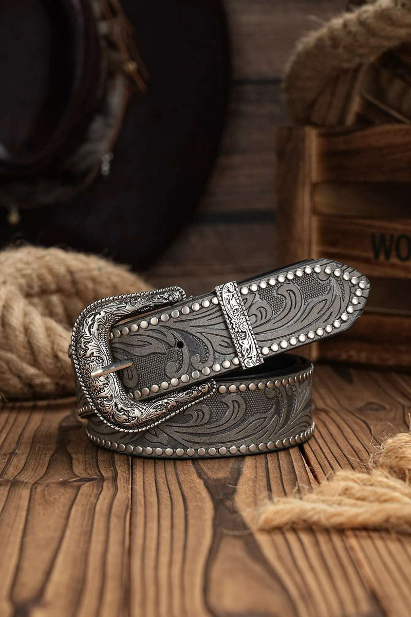 Western Cowboy PU Leather Belt - Men Waist Strap Bull Decoration Floral Engraved for Jeans