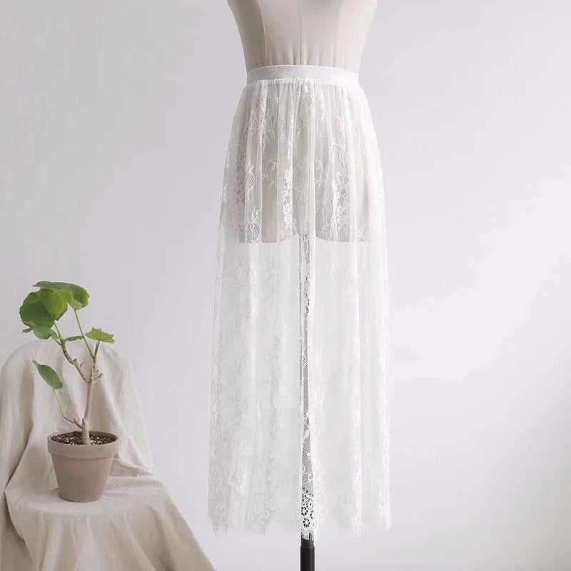 Saia preta elegante de 2 comprimentos, renda branca, transparente, saia longa de tule, feminina, elástica, cintura alta, praia, saia midi