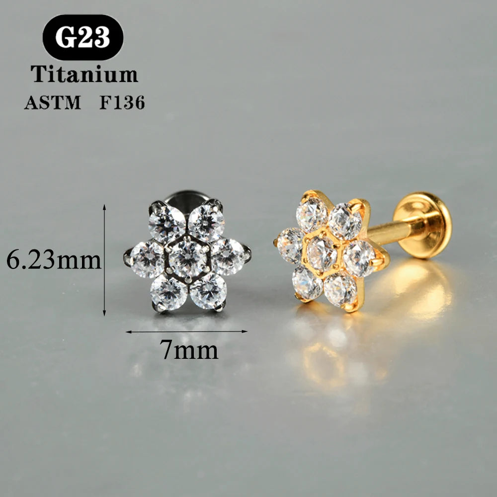 1PC ASTM F136 Titanium Zircon Flat Back Earring Flower Ear Studs Lobe Helix Tragus Cartilage Piercing Jewelry 16G