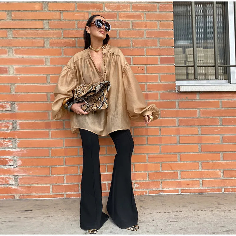 Camisa feminina elegante e solta, com cadarço, gola redonda, manga lanterna, camiseta feminina, primavera/verão 2025, moda urbana, tops femininos emendados