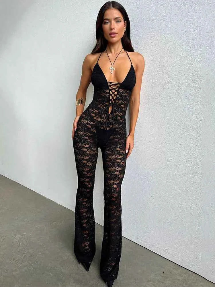 GACVGA Sexy Lace See Through Women Jumpsuit Backless Slim Streetwear Bandage Romper Lady Elegant Summer Party Nightclub Jumpsuit