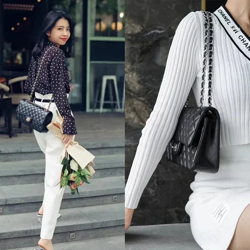 Pequena bolsa de fragrância caviar preto ouro corrente couro litchi padrão diamante grade luxo feminino crossbody bolsa ombro - CRAVO ROSE