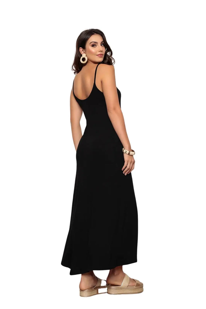 Vestido longo de poliéster com bolsos pretos