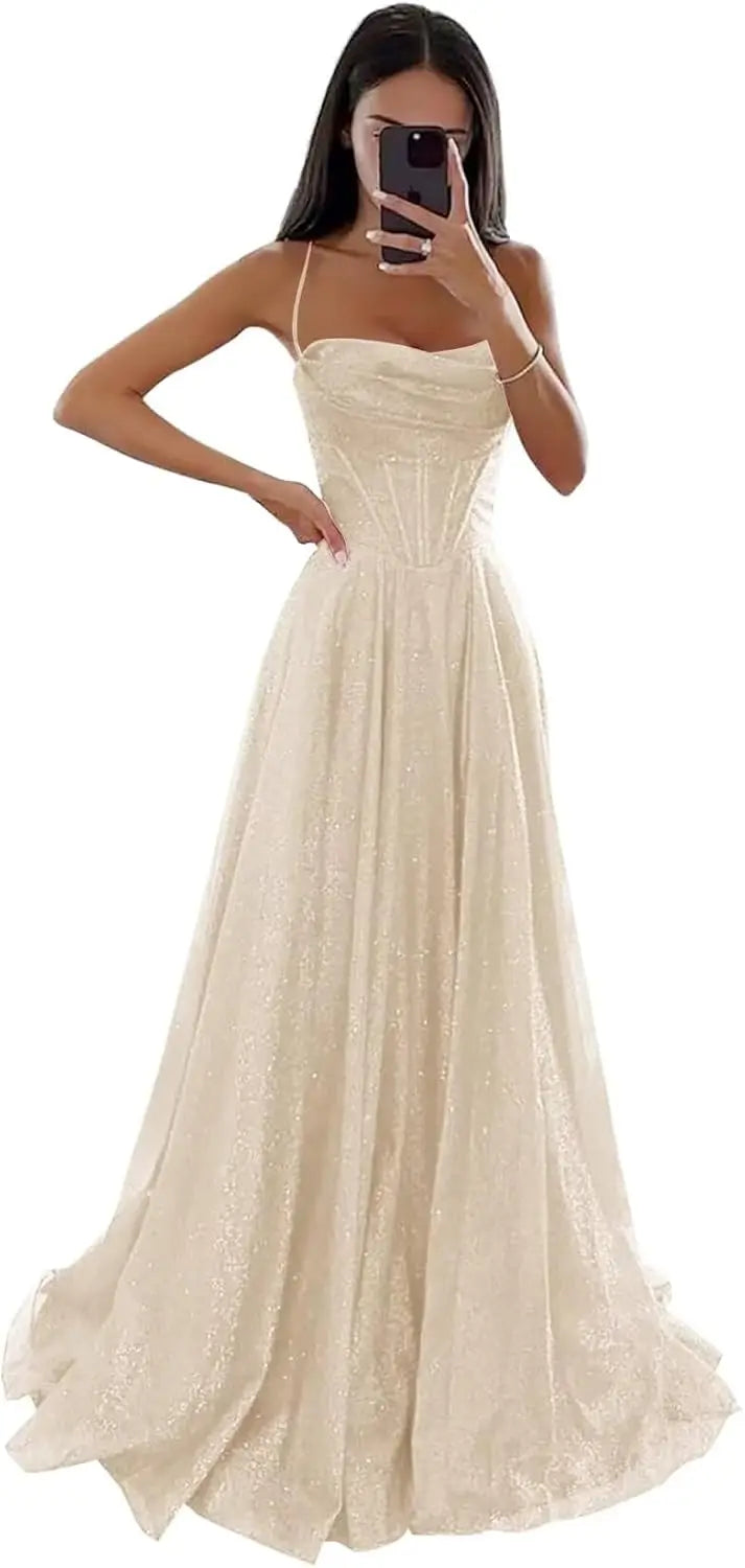 Spaghetti Straps Sleeveless Prom Dress for Women Long Shiny Tulle Formal Evening Party Gown with Slit Formal Dress Women Elegant