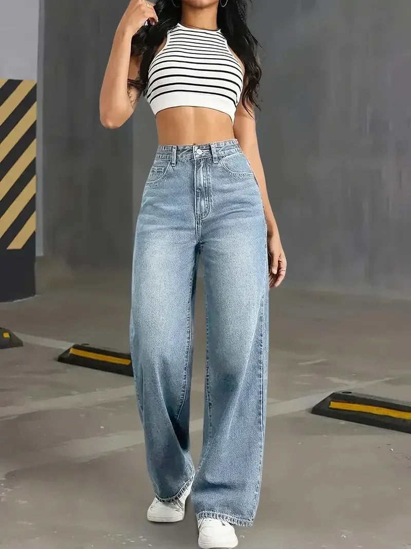 Classic Blue Y2K Jeans for Women Straight Leg Stretchy Denim Trousers Simple Design Retro Style Elastic Waist