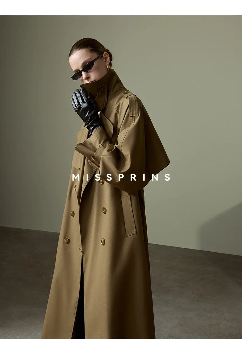 Lautaro Spring Autumn Long Khaki Trench Coat for Women Belt Double Breasted Chic Luxury Designer European Fashion Clothes 2025