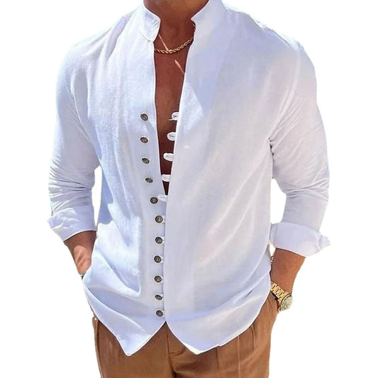 Nova primavera outono camisa casual solta masculina cor sólida manga longa camisa botão camisas vintage tamanho grande - CRAVO ROSE