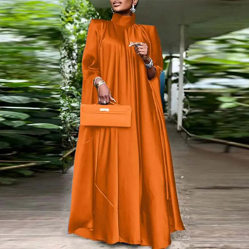 VONDA Women Elegant Satin Dress 2024 Fashion Long Bat Sleeve Stand Collar Evening Pleated Maxi Sundress Casual Solid Loose Robe