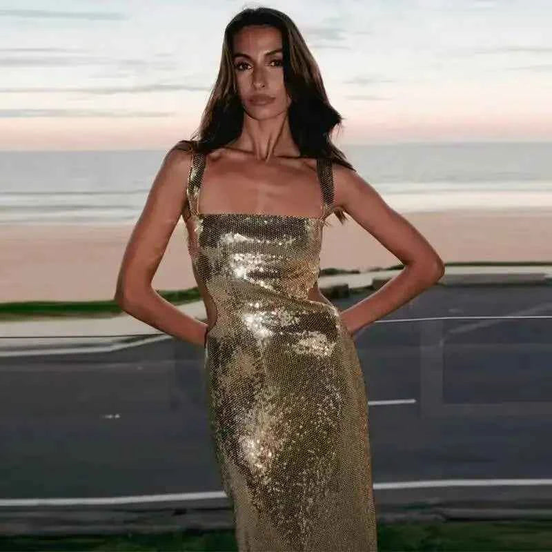 Mulher roupas suspender sem costas glitter vestido longo fino bola suspender vestido elegante vestido longo