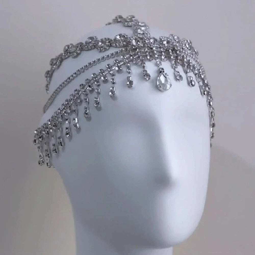 Indian Multilayer Tassel Headband Tiara Bridal Hair Accessories Elegant Headwear Queen Rhinestone Head Chain Hat Party for Women