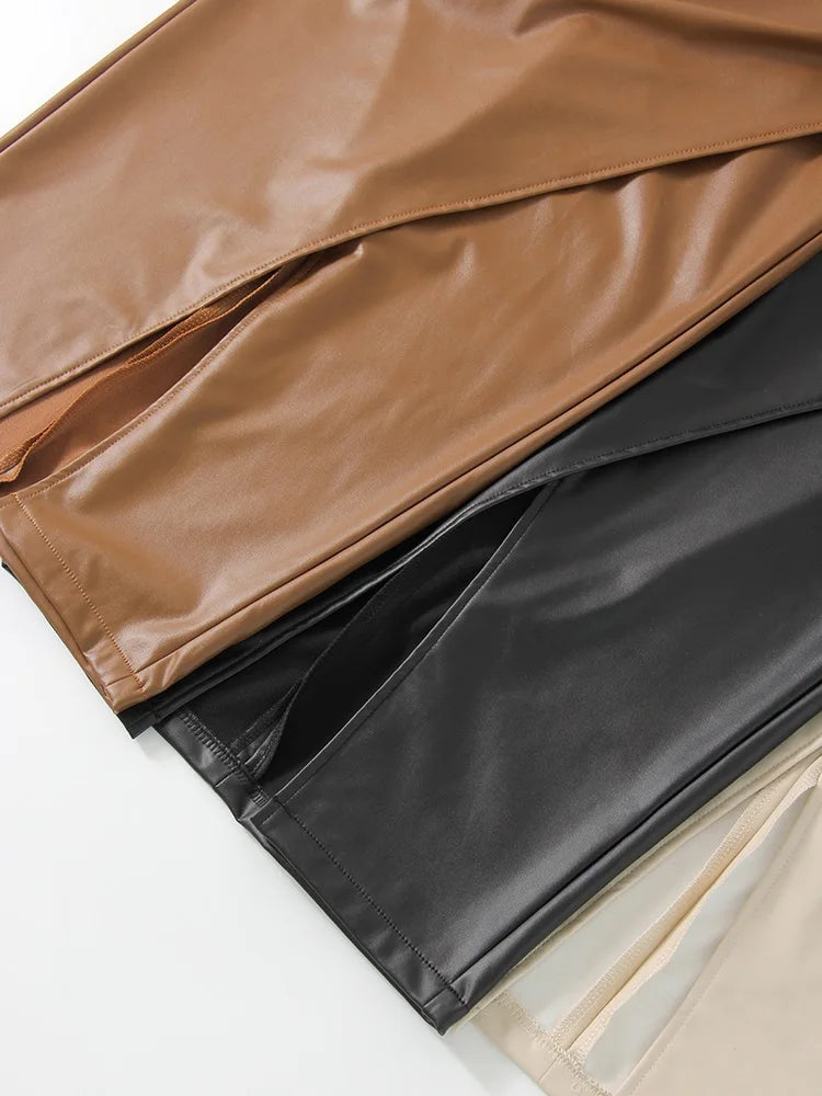 Women Midi Leather Skirt Sexy Split High Waist Zipper PU Front Slit Skirts Ladies Black Faux Leather Folded Skirt For Women
