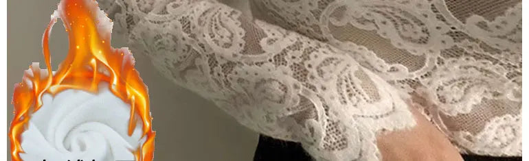 Fleece Lined Lace Base Shirt Women's Autumn Winter Hollow out Mesh Top Trendy Commute Style High Neck Long Sleeve  Color