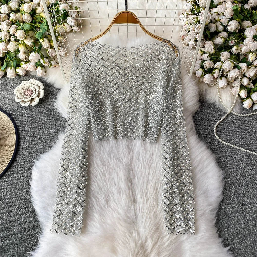 Slim Fit Short Sleeveless T-Shirt Women's New Style round Neck Long Sleeve Shiny Sequin Heavy Duty Bead Commute Style Korean ...