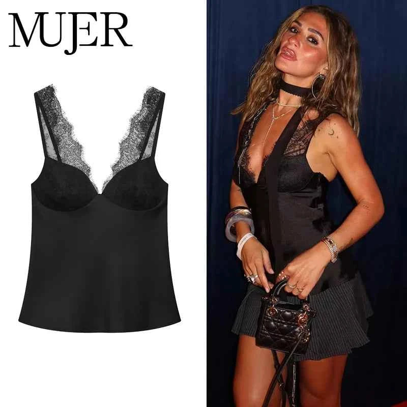 MUJER Women's Tops Sexy Lace Corset Top Woman Black Satin Backless Tops for Women off Shoulder Camisole Night Sleeveless Tops