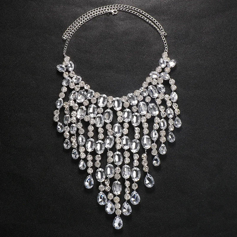 Colar de luxo Maxi Clear Crystal Choker Colar Longo Borla Declaração Colar Pingentes Chunky Collar Jóias