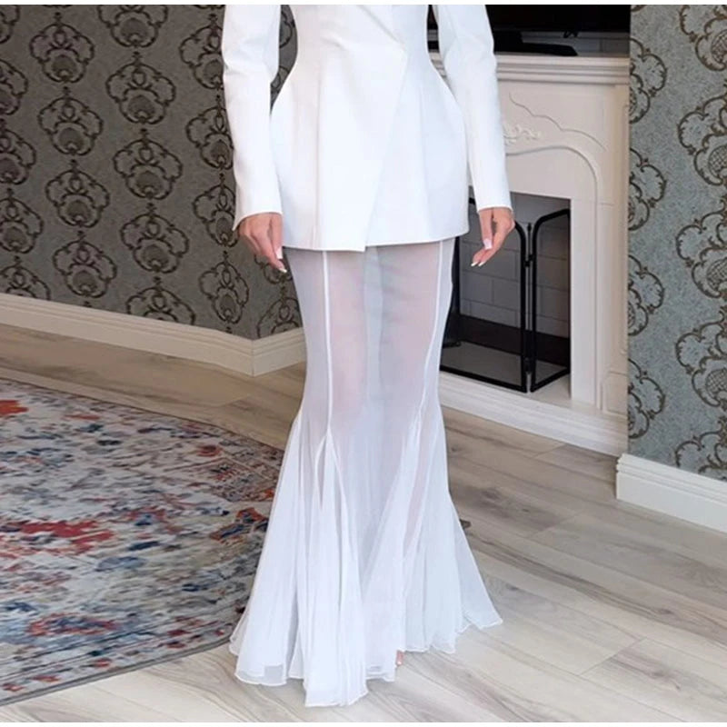 Conjunto elegante de blazer e saia sólida feminino, slim, com um botão, jaqueta plissada, transparente, saia rabo de peixe
