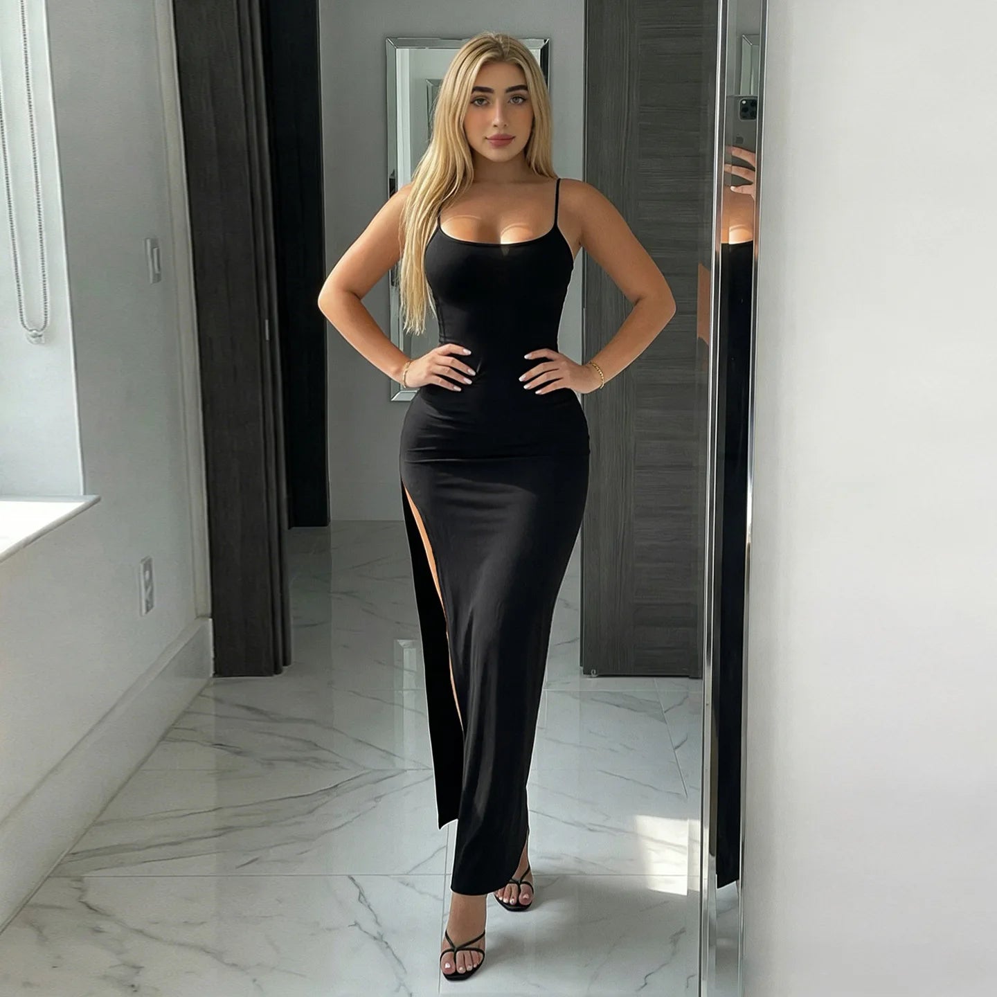 Sexy Bodycon High Slit Tank Dress Women Solid Off Shoulder Slip Dress