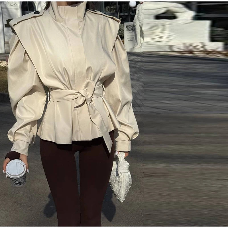 Fashion Stand Collar Belted Waist Short Jacket For Women Casual Puff Sleeve Wide Shoulder Coat Lady 2026 Chic Street Outerwear