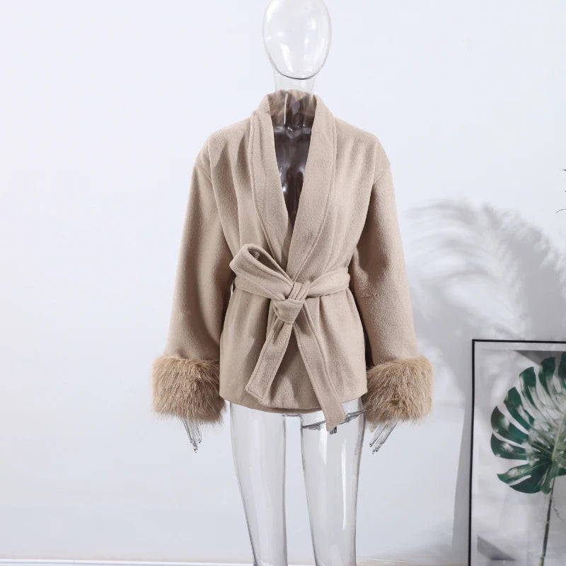 Solid Lace Up Faux Fur Sleeve Jacket Woman Elegant Mid-length V-neck Woolen Blend Coat Autumn Casual Fashion Scarf Outwear 2025