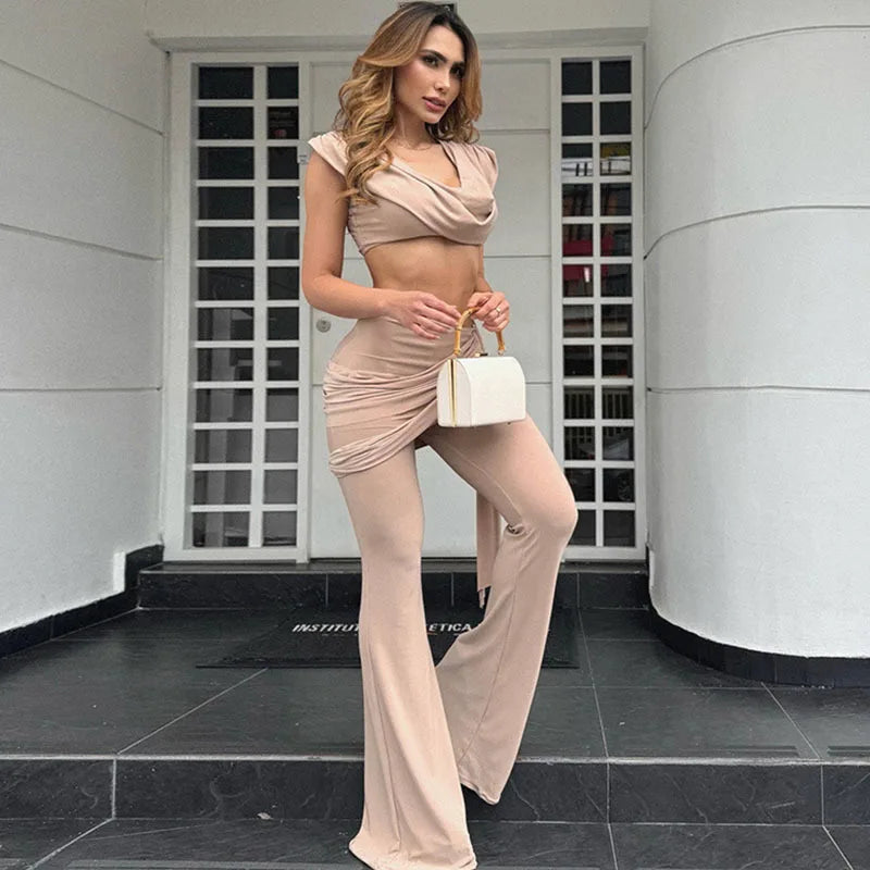 Conjunto de Calças Plissadas Decote em V Umbigo Exposto Sem Mangas Top Curto Slim Fit Calças Abraçando o Quadril