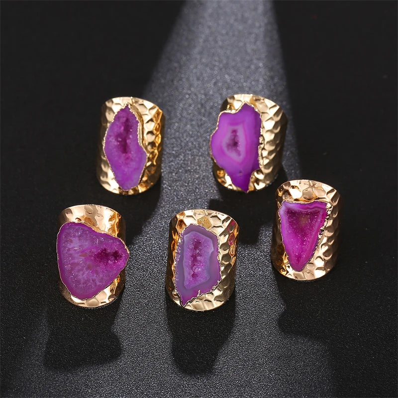 Irregular Geode Stone Agate Slices Wide Open Ring for Women Boho Resizable Finger Jewelry