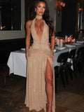 JULISSA MO Glitter Bright Silk Deep V-neck Women Maxi Dress Khaki High Slit Halter Dress Spring Slim Elegant Party Evening Dress
